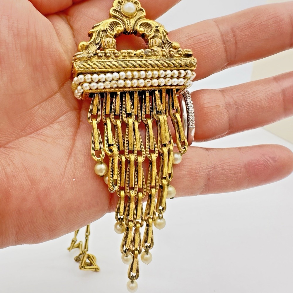 Vtg Goldette Necklace Etruscan Tassel Link Faux Pearls Ornate Brass Unsigned